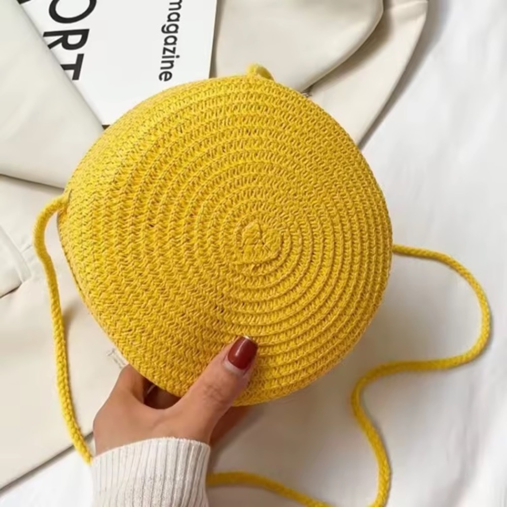 Round Yellow Woven Straw Raffia Round Crossbody Bag Purse Summer Handbag Bright - Picture 4 of 7